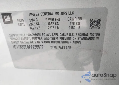 2015 Chevrolet Malibu Ls z USA, uszkodzony, nr VIN 1G11B5SL0FF286577